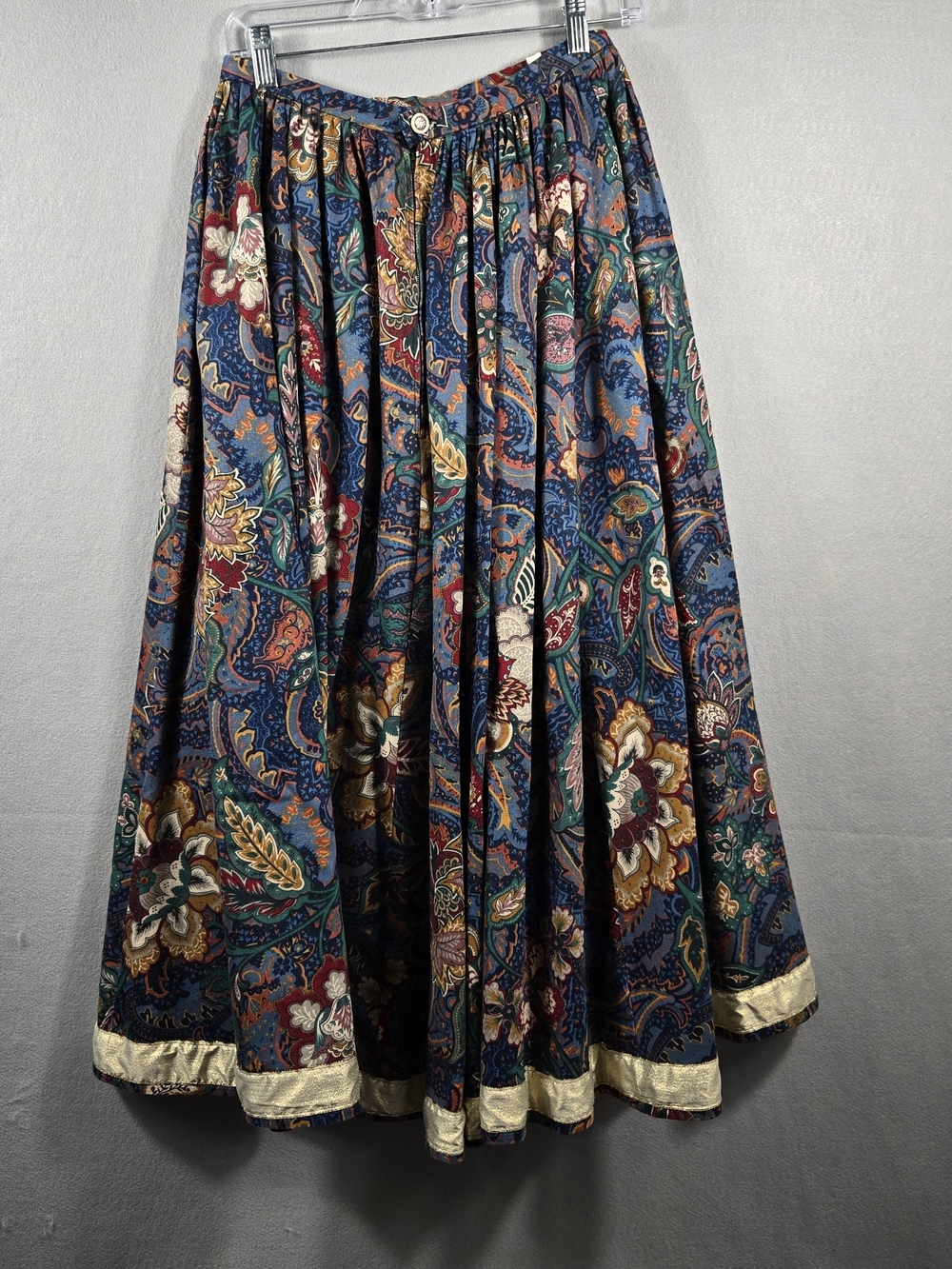Vintage Handmade Boho Floral Paisley Full Skirt – Gold Trim – 36" Length